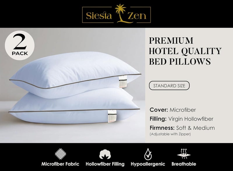 Siesta Zen وسادتين بحجم قياسي من نوعية الفنادق - مملوءة بألياف مجوفة، قابلة للتنفس، مضادة للحساسية، بديل ناعم للريش - Image 2